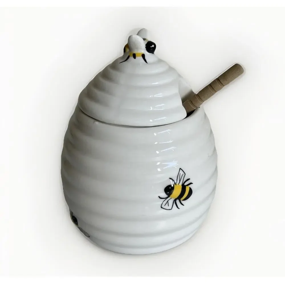 Ceramic Bee Honey Jar Wooden Dipper Beehive Kitchen Decor Cottagecore Farmhouse
